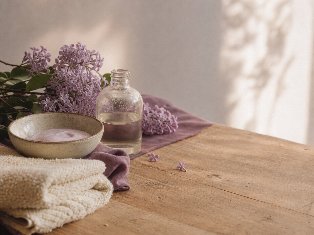 Verzorgend schoonheidsritueel met lila bloemen